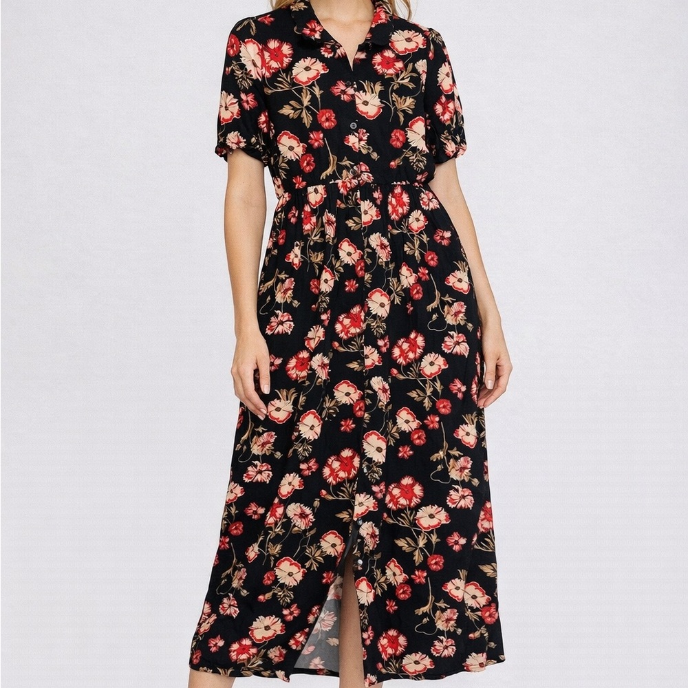 Zara Black Floral Midi Tea Dress Small